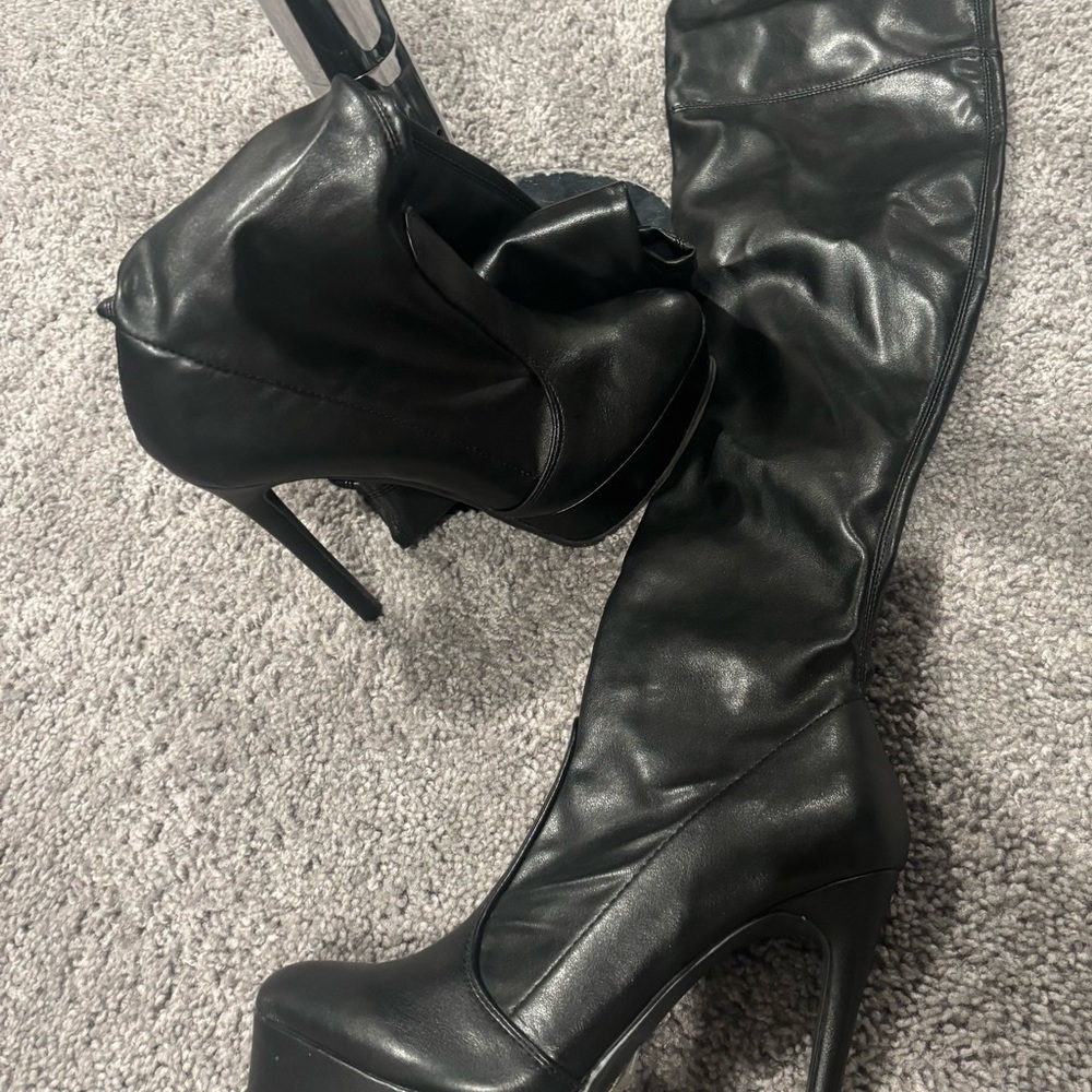 Black High Heel Platform Thigh-High Boots - Women